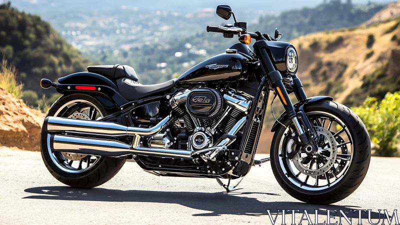 Black cruiser motorcycle parked on mountain roadside in sun.