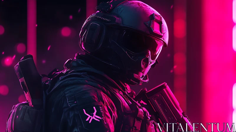 Armored cyber-soldier stands in neon magenta backlight corridor