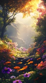 Sunlit wildflower path glows beneath a radiant forest canopy.