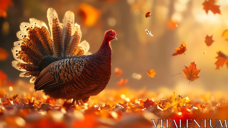 Wild turkey strutting through backlit autumn foliage in motion