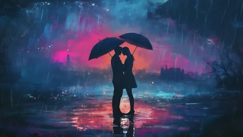 Neon Rain Kiss: Silhouette Romance Under Umbrellas.