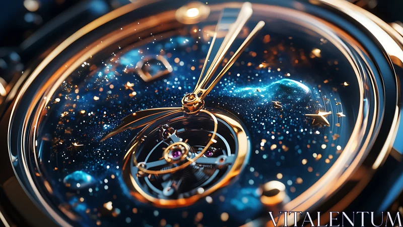 Close-up of mechanical watch with cosmic styled dial face.