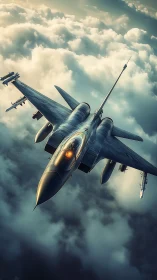 Stealth fighter jet cuts through dense clouds at high altitude