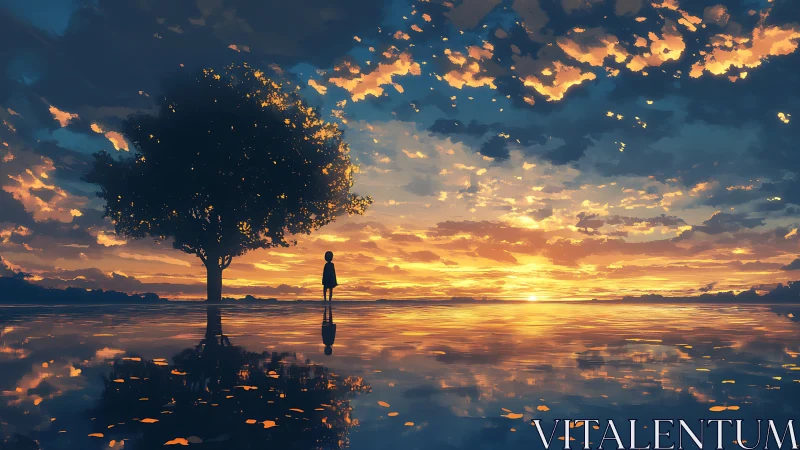 Solitary figure observes mirrored sunset sky in stylized landscape