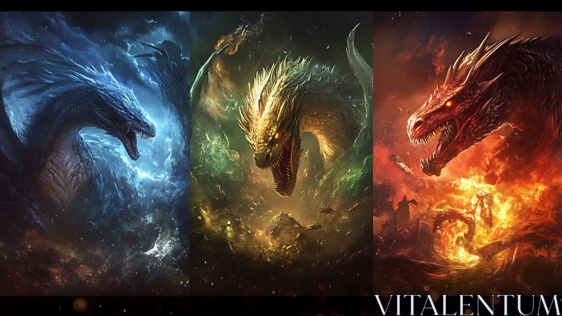 Elemental dragon guardians poised between storm, earth, fire.
