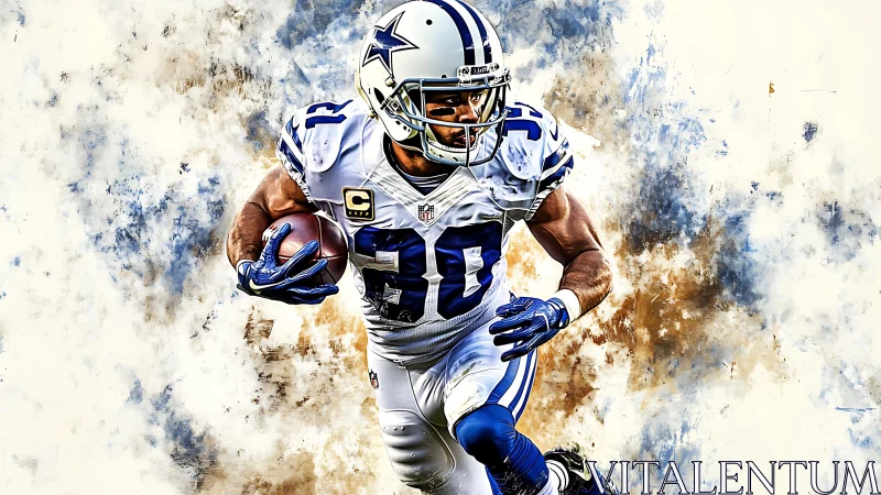 Dynamic football runner in white blue uniform bursts forward.