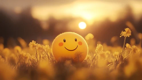 Smiling yellow face ball glowing warmly in a golden meadow.
