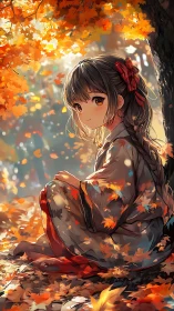 Autumn kimono girl resting beneath glowing maple canopy.