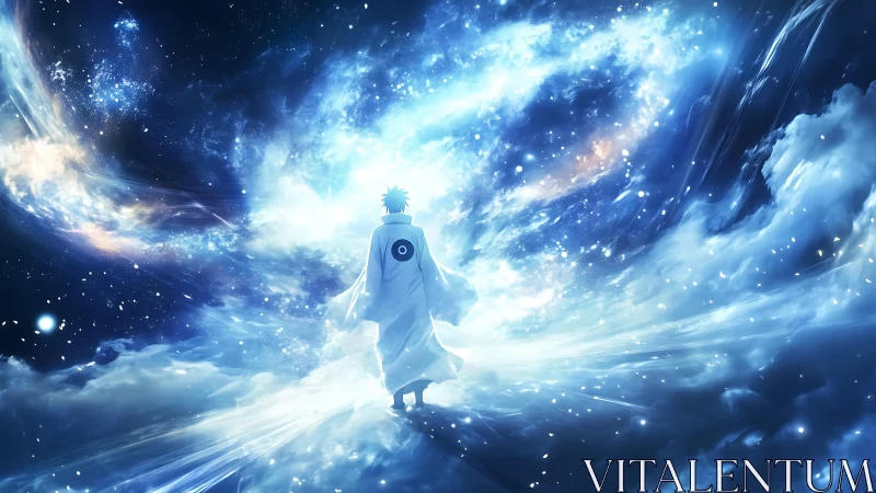 Lone robed figure walks into a luminous cosmic storm of stars