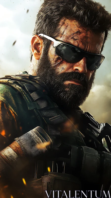 Battle ready soldier steadies his gaze amid flying embers