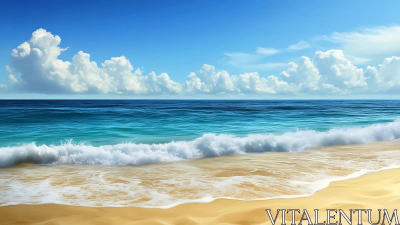 Digital seascape renders shoreline, mid-wave surf, and clouds