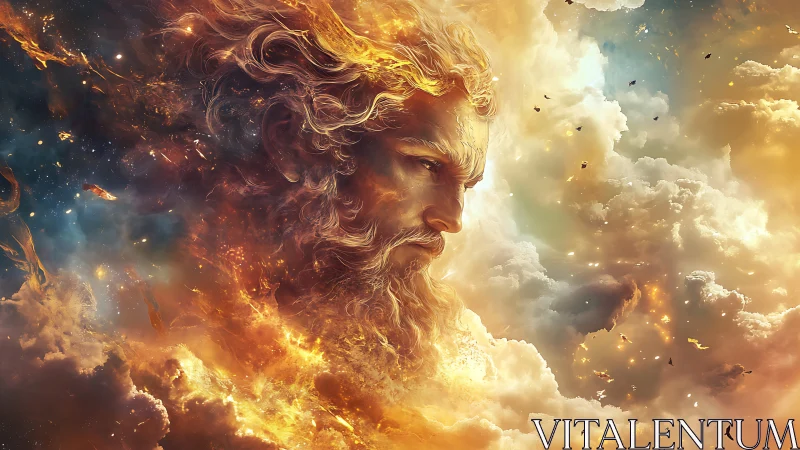 Celestial fire deity portrait within luminous storm clouds.