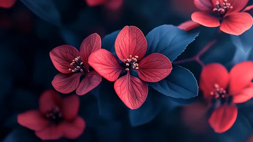 Red Four-Petal Flowers Against Dark Blue Foliage.