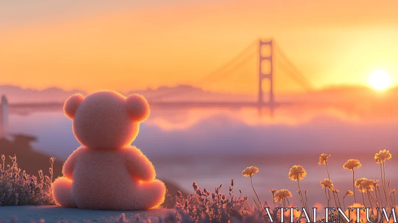 Teddy bear watching sunset over bridge in soft pastel light