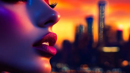 Neon lit female profile against blurred city skyline.
