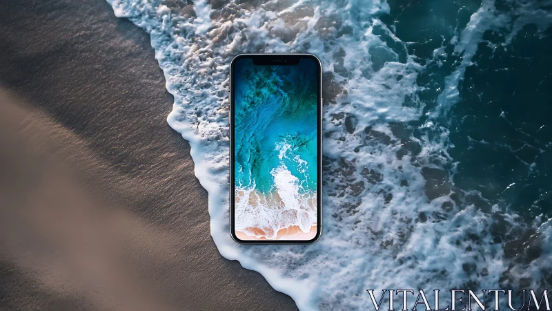 Smartphone lies in foamy surf blending screen and shoreline