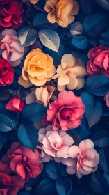 Floral Arrangement With Red, Pink, and Peach Blooms.