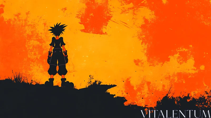 Silhouetted figure stands against textured orange sky