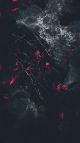 Cracked obsidian surface with luminescent veins and scarlet flora.