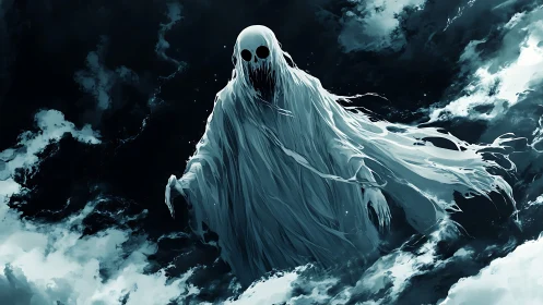 Shrouded spectral figure emerging within turbulent clouds.