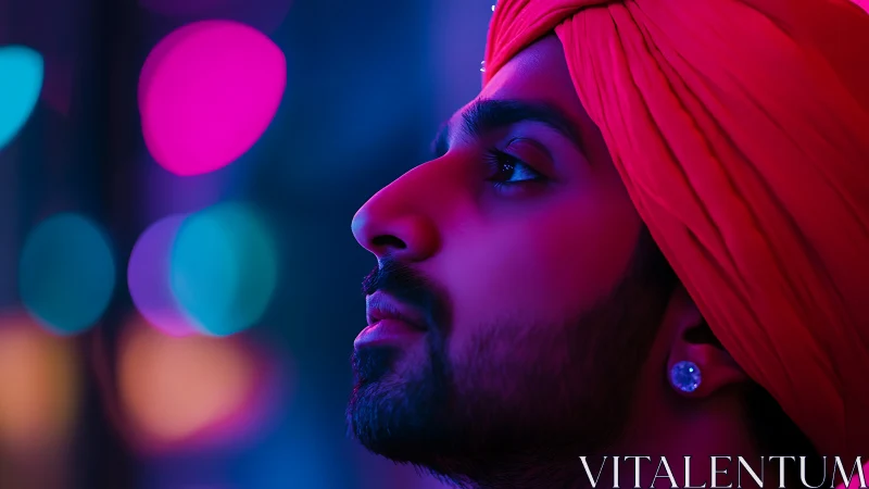 Portrait in neon of turbaned man with reflective gaze.
