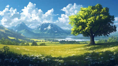 Lone sunlit tree overlooking bright alpine valley landscape.