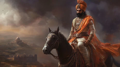 Warrior in orange turban rides decorated horse before storm