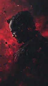 Dark armored hero profile amid burning red embers.