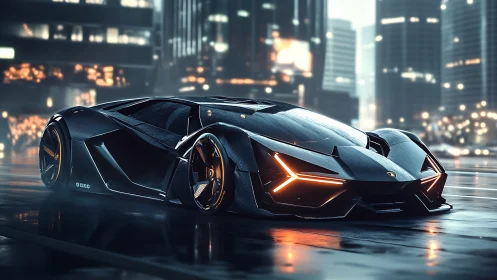 Low-slung carbon hypercar with LED blade lights in wet neon city
