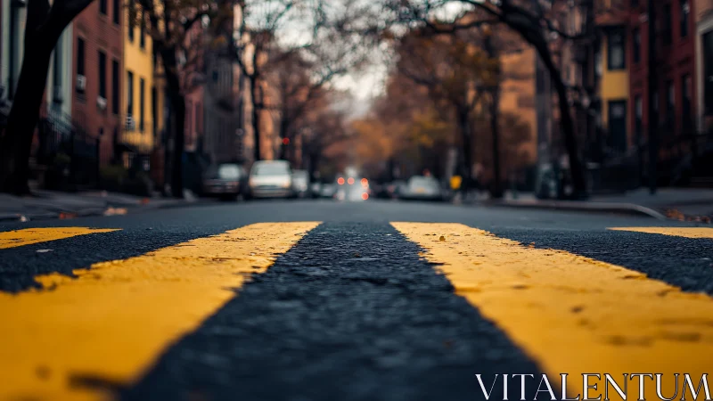 Low street perspective with bold yellow lane markings at dusk.