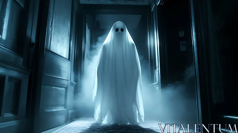 Soft-sheeted specter strolls a moonlit haunted hallway.