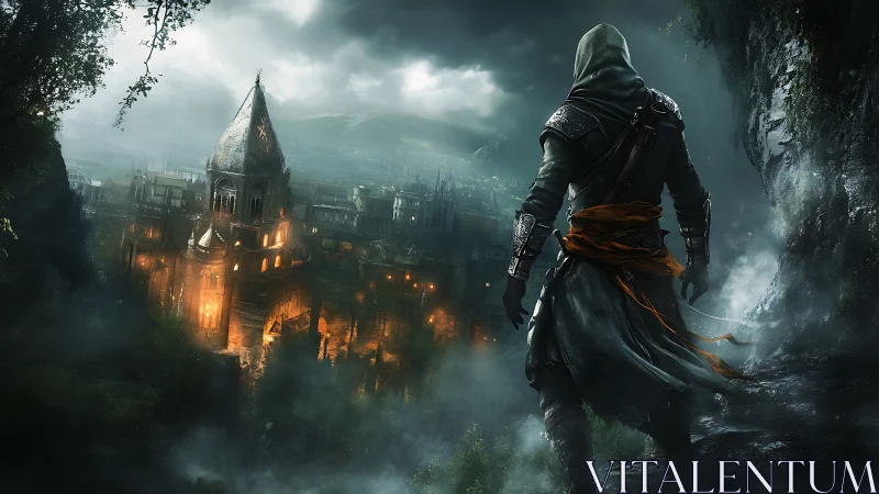 Hooded rogue studies burning cathedral city from cliff edge