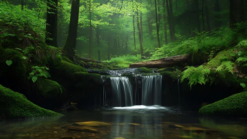 Serene Forest Waterfall Nestled in Lush Green Woods