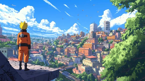 Orange-suited figure overlooking dense hillside anime city.