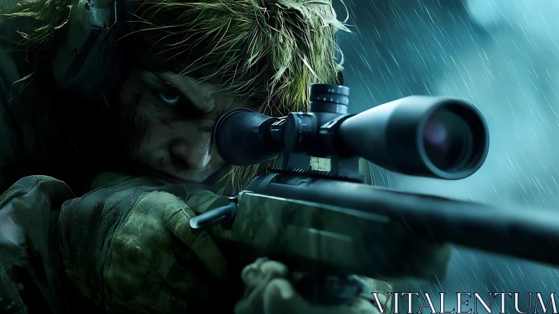 Sniper in rain with scoped rifle aiming intently through crosshairs.