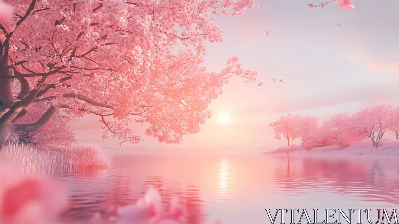 Soft dawn light bathes peaceful pink blossom trees by water