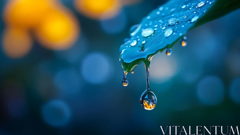 Macro water droplet hanging from leaf with bokeh glow.