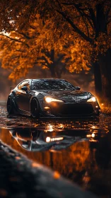Midnight coupe glides through molten autumn reflections