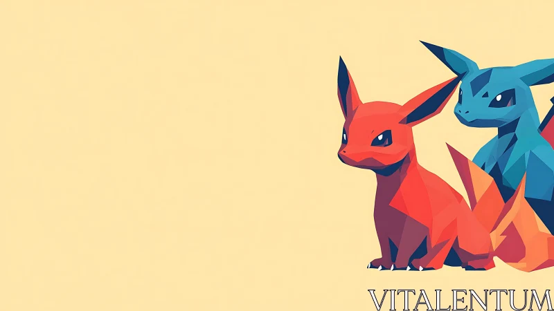 Low-poly twin creatures on minimalist pastel ground.