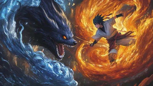 Elemental warrior vs water beast in fiery vortex clash.