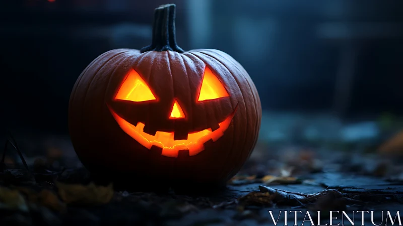 Glowing jack-o-lantern rendered with dramatic low key lighting