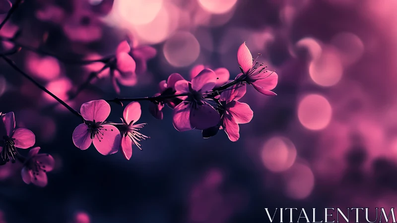 Pink Blossoms on Branch Against Blurred Background.