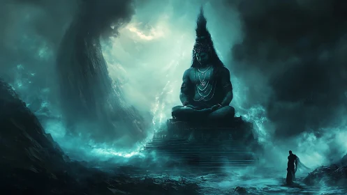 Colossal seated deity amid stormy teal misted canyon.