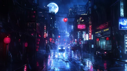 Moonlit rain turns neon alley into a quiet electric river