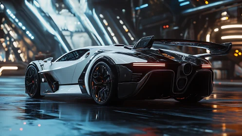 Futuristic hypercar glows under neon-lit cyberpunk hangar