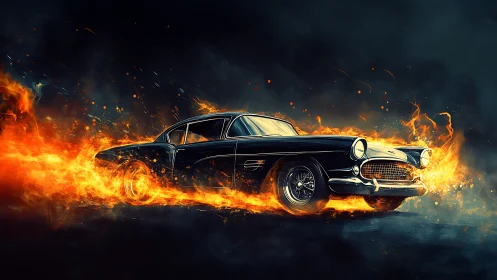 Classic black sports car cuts through blazing orange flames