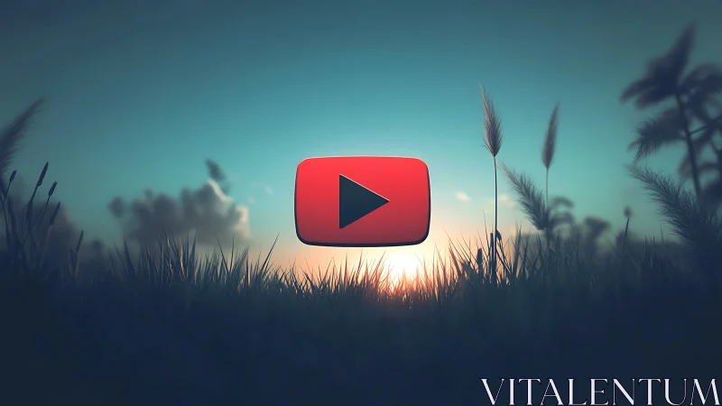 YouTube style play icon floats above stylized sunset field