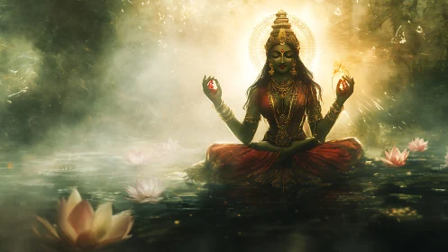 Divine goddess meditates on lotus pond amid radiant light