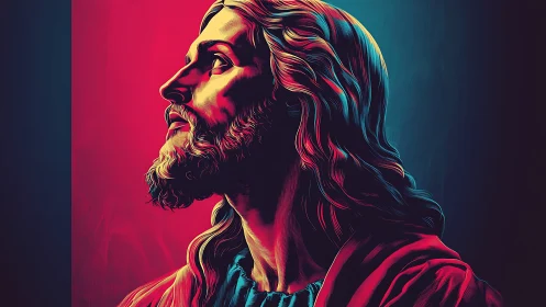 Chromatic sacred portrait with dual-tone directional lighting.