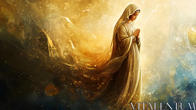 Serene robed figure glows within swirling golden light